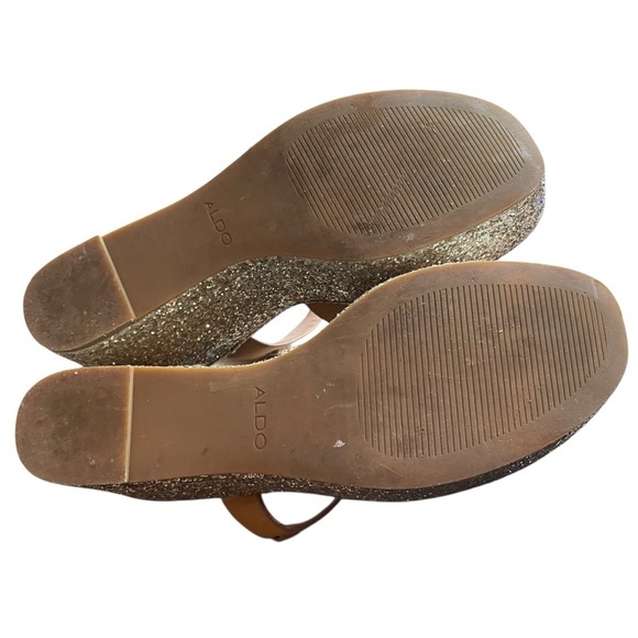 ALDO Gold Glitter Platform Wedge Sandals Ankle Strap Mustard Yellow Sz 10 - Picture 7 of 8